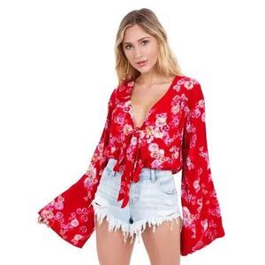 Intimately Free People Womens Forties Feels Body Suit Top Red Floral Lace Size S